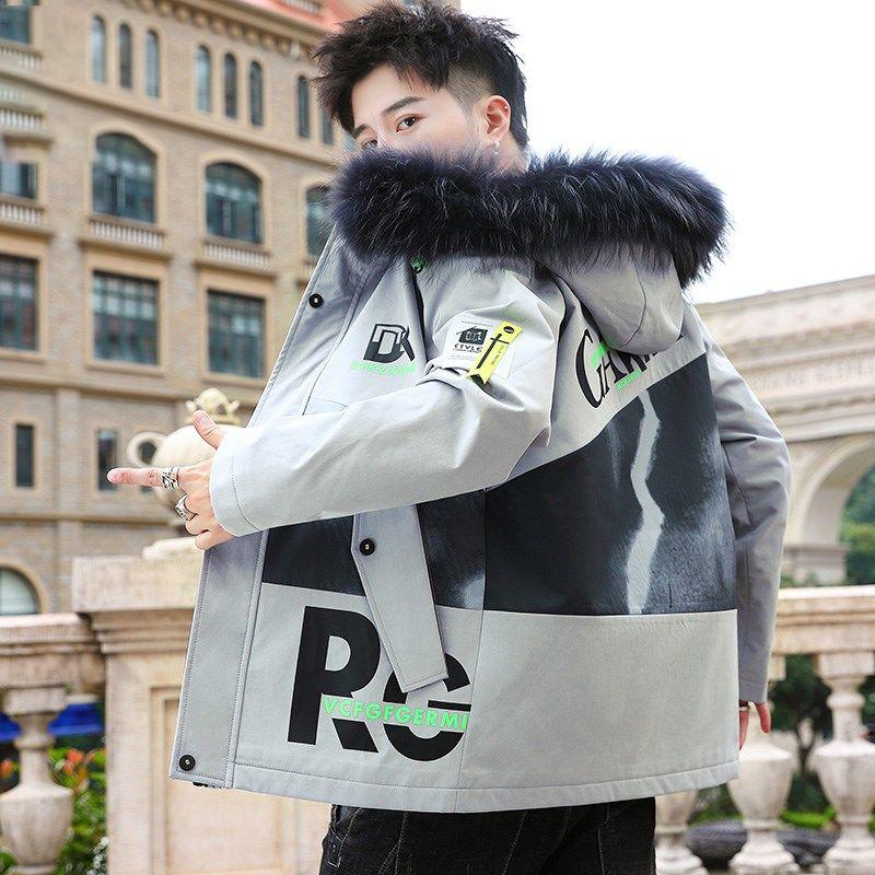 Men's Hooded Woolen Collar Cotton Padded Jacket for Young People