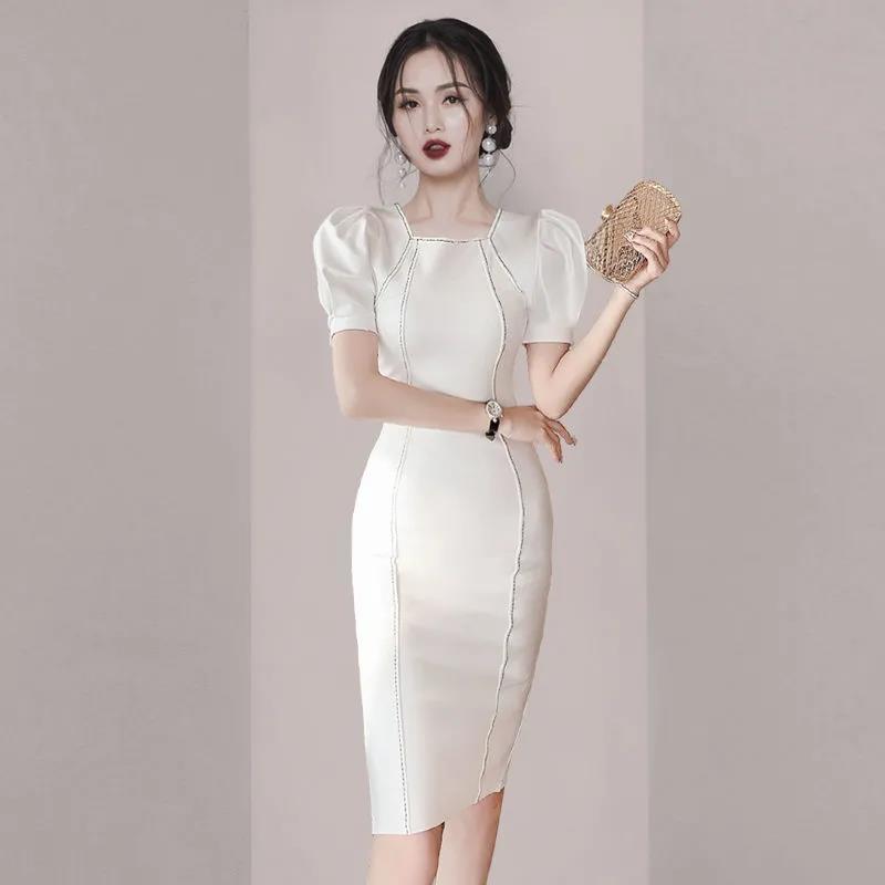 Goddess Fan OL Temperament Slim Slimming Professional Skirt Summer Dress Female Short-sleeved Square Neck Bag Hip Dress