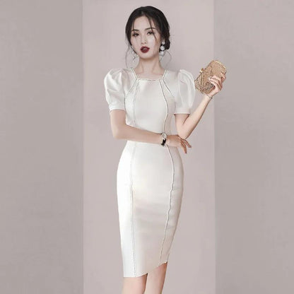 Goddess Fan OL Temperament Slim Slimming Professional Skirt Summer Dress Female Short-sleeved Square Neck Bag Hip Dress