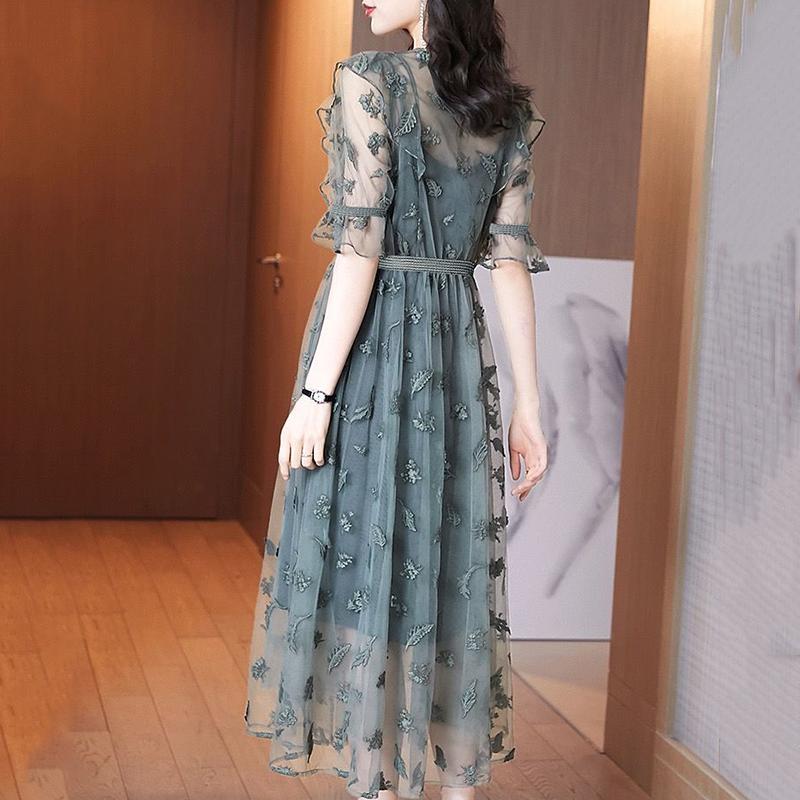 Heavy Industry Embroidery Flower High-end Dress Spring French Waist Slim Ruffled Mesh Skirt Women's Sweet Waist Mesh Skirt