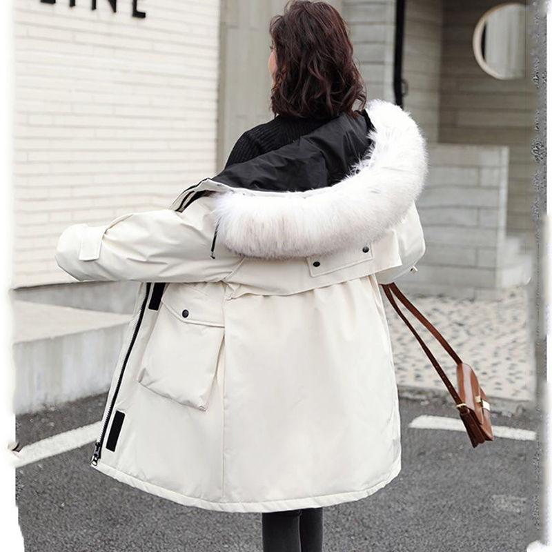 Faux Fur Collar Mid-length Down Jacket Women's Length Over The Knee, Large Size, Thicker, Loose Waist and Slim