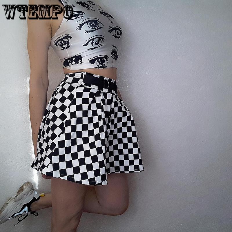 Womens Black and White Glazed Chain Checkerboard High Waist Skirt Streetwear Cotton Plaid Skirts Dancing Short Mini Skirts
