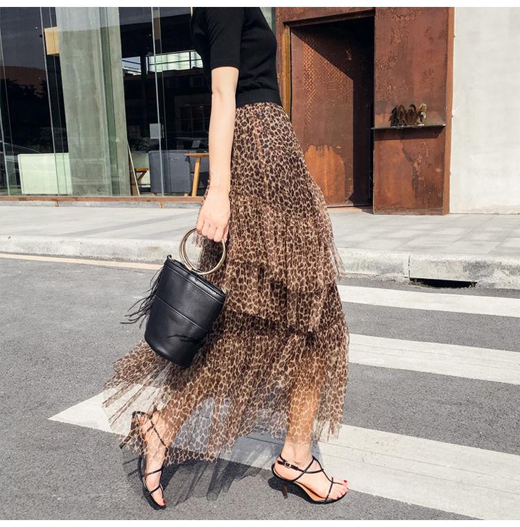 Elastic High Waist Long Tulle Skirt Women Irregular Hem Mesh Tutu Skirt Summer Leopard Print Skirt