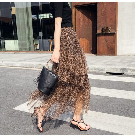 Elastic High Waist Long Tulle Skirt Women Irregular Hem Mesh Tutu Skirt Summer Leopard Print Skirt