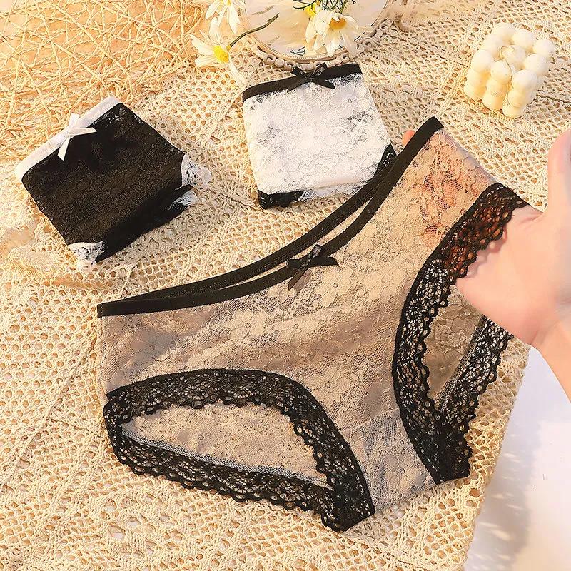 3Pcs/Set Girl's All-match Mid Waist Seamless Cotton Underpants Women's Solid Color Large Size Causal Lace Briefs