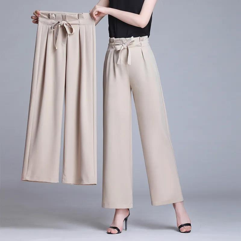 WTEMPO Bowknot Pants Women Loose High Waist Wide Leg Summer Straight Trousers Casual Cool Comfortable Office Home Go Out Party