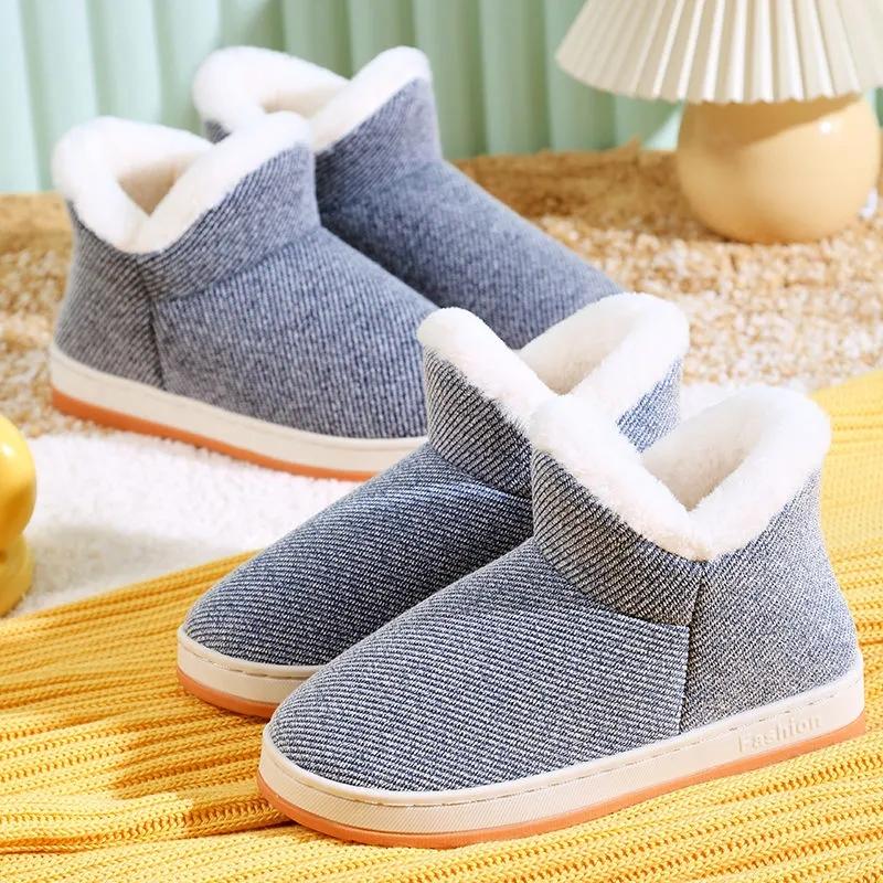 Winter Warm Non-slip Cotton Slippers for Couples Home Furnishing with Heel Thick-soled Bag Men's and Women's Cotton Shoes High-top