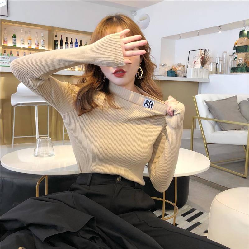 Slim Shirt Half-Turtleneck Elastic Tops Long Sleeve Short Sweater Female Casual Base Sweater