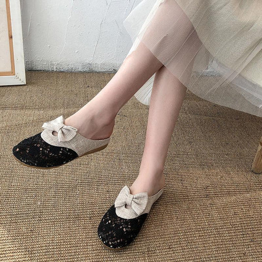 2020 Mesh Half Slippers Female Summer Hollow Linen Woven Bow Bow Lazy Outdoor Sandals and Slippers Female Summer