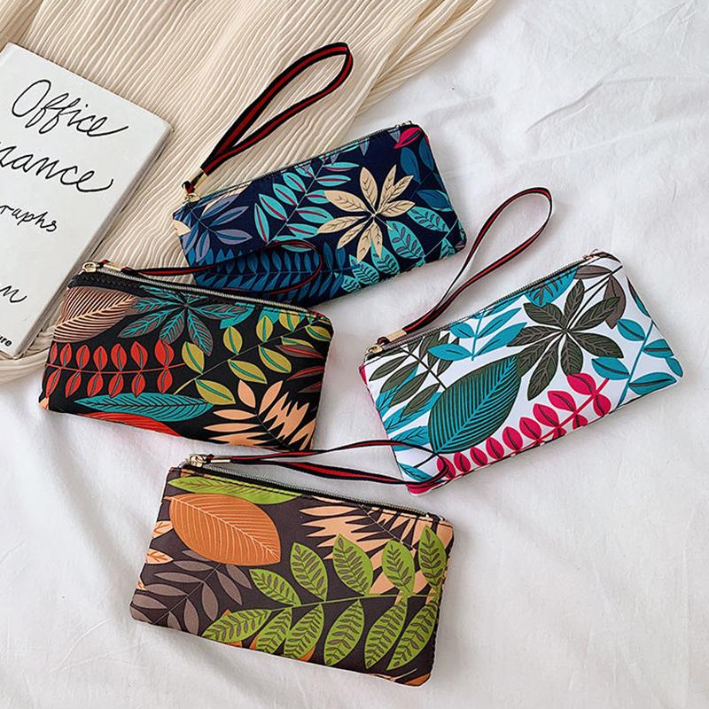 Women Clutches Printing Canvas Bag Portable Handbag Multi-Layer Wallets with Coin Pocket Zipper Purse