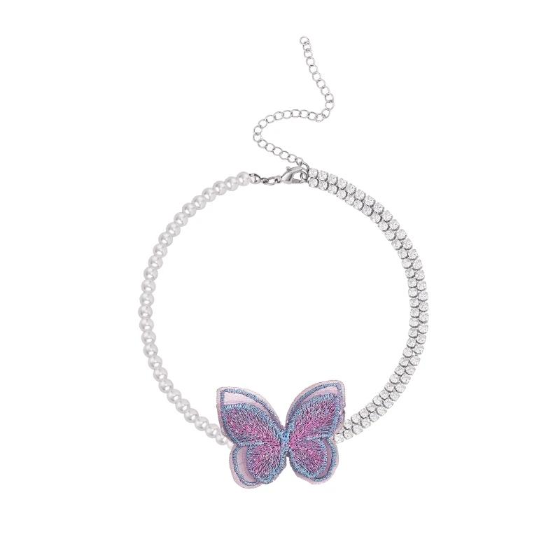 Purple Butterfly Pearl Necklace Women's Choker Necklace Clavicle Chain Simple Collar Beaded Necklace Send Friend Collar Personalized Ornaments