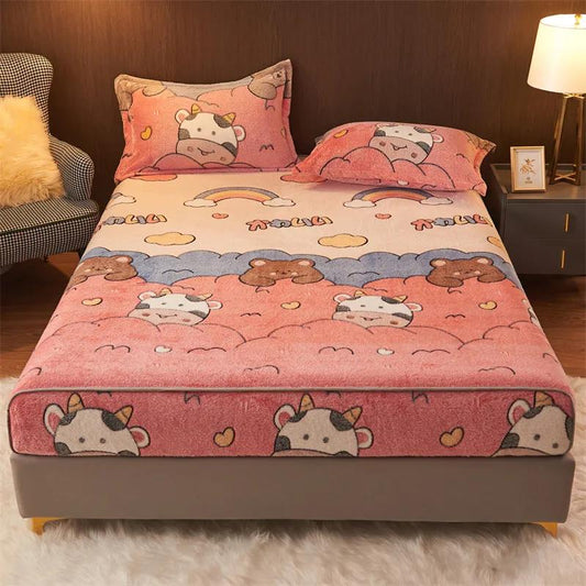Bed Sheet Type Thick Coral Fleece Three-piece Bed Cover Pillowcase Set Home Bedding Simple Style