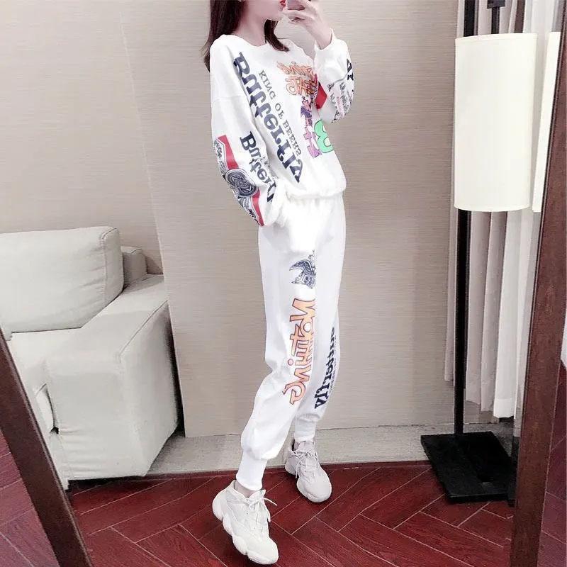2PCS Women's Spring and Summer Sports Suit Casual Loose Long Sleeve Sweater + Loose Pants Two Pieces Ladies Personality Slimming Print Fitness Suit