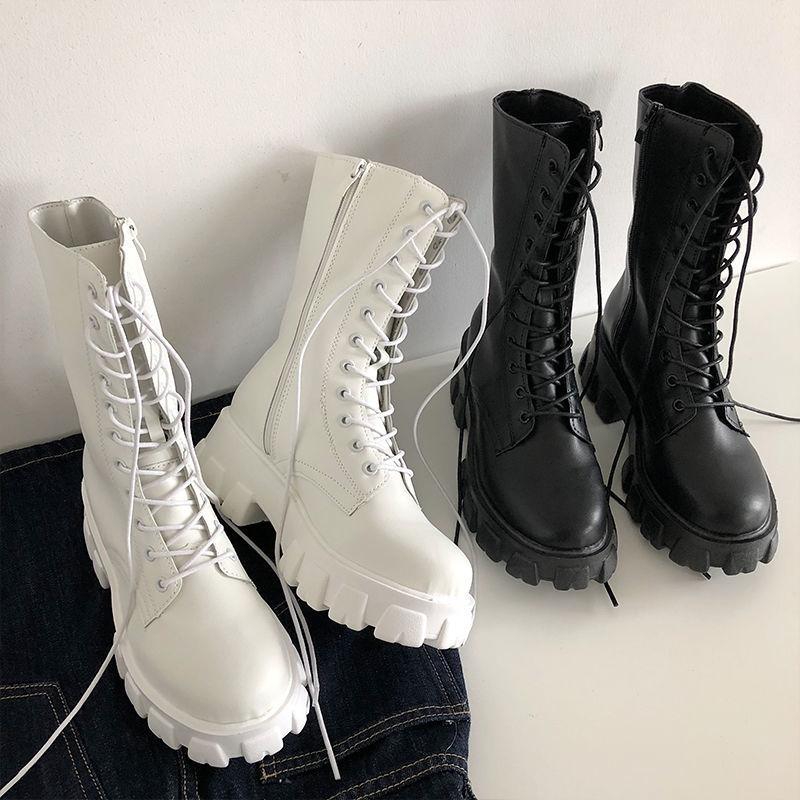 Platform Boots Women Shoes White Black PU Leather Booties Warm Ankle Boots Lace Up Combat Boots Flat Punk Goth Winter Autumn