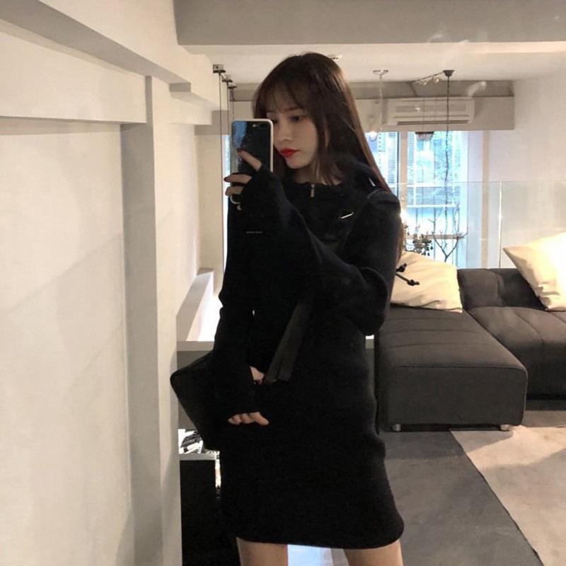 Women's Knitted Dress Spring and Autumn Zipper Long Sleeve Waist Slimming Skirt Hip Skirt Pure Color Cotton Soft and Comfortable