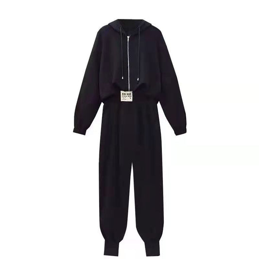 2PCS Plus Size Women's Autumn Suits Fat Sister Slim Zipper Cardigan Long-sleeved Hooded Sweater Jacket Jogging Sweatpants Sweatpants Two-piece Set