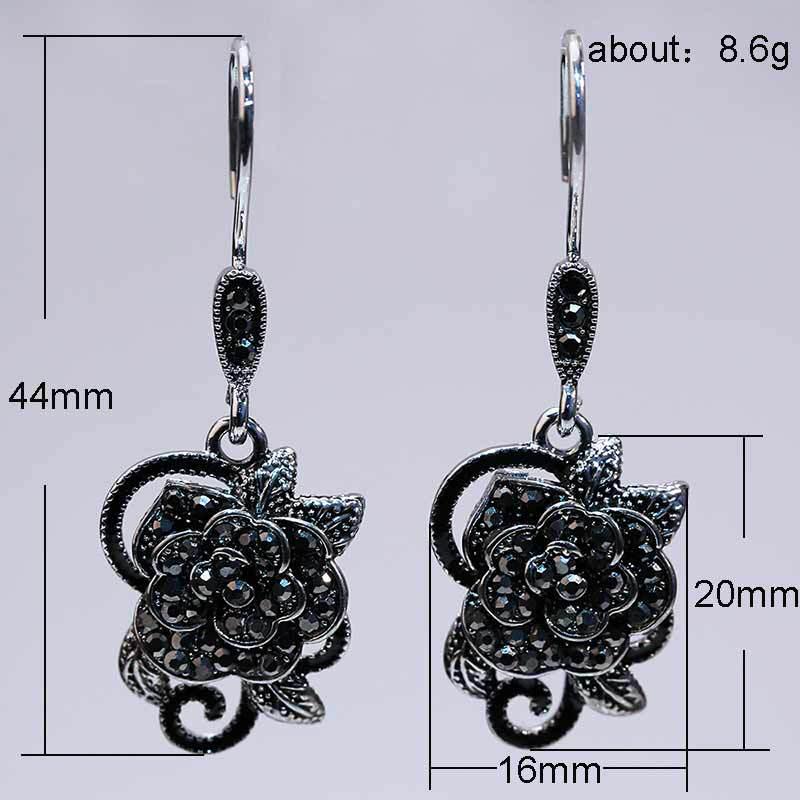 2 Kinds of Gothic Rose Shaped Black Zircon Dangle Earrings Vintage Carved Floral Hanging Earrings for Women Jewelry
