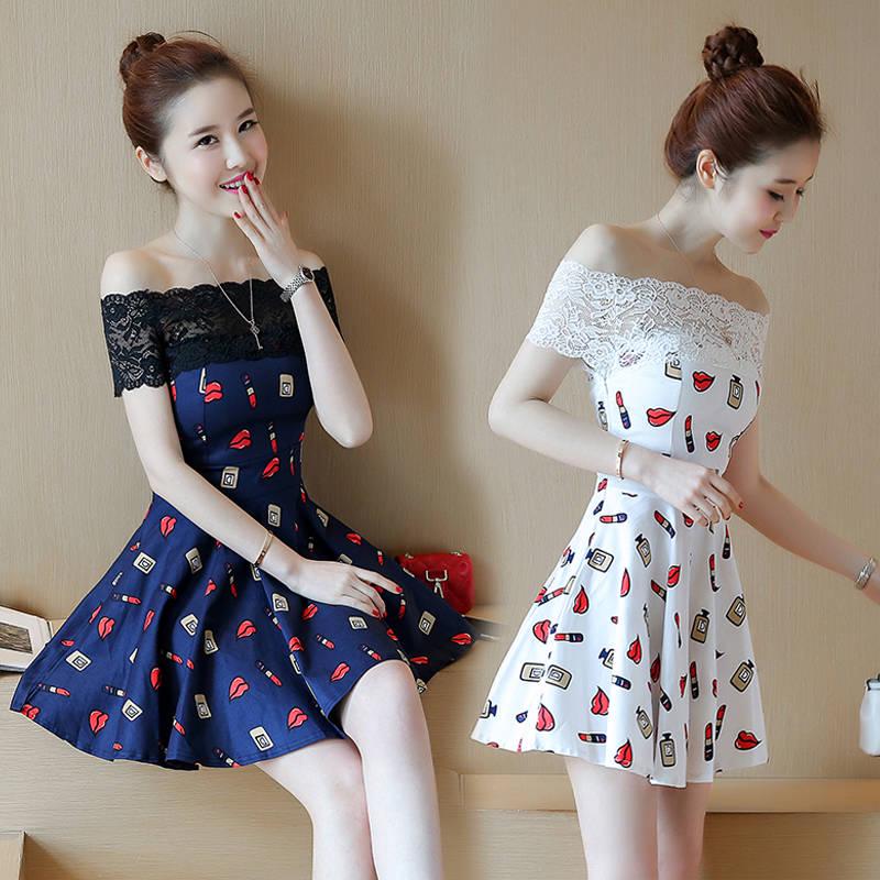 Summer Printed Dress Sexy Lace Slash Neck Off-shoulder Party Club Dress Strapless Dress