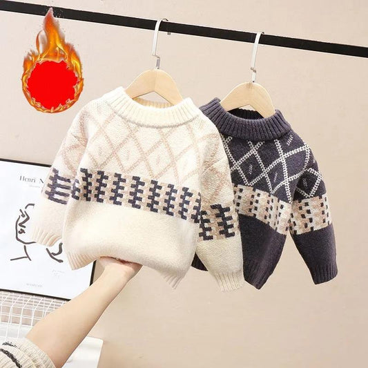 Children's Sweater Men's Plus Velvet Thickening Girl Winter Warm Bottoming Shirt Boy Baby Round Neck Pullover Long-sleeved Sweater
