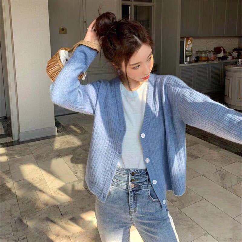 Short V-neck Cardigan Sweater Female Button Korean Style Long-sleeved Loose Striped Knitted Solid Color Coat