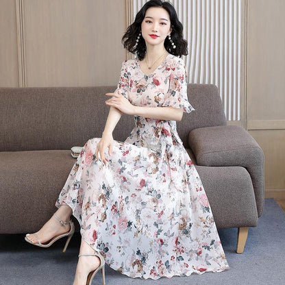 Short-sleeved Chiffon Dress Female Summer Plus Size Waist Slimming Long Round Neck Floral Skirt Temperament Elegant Chiffon Dress