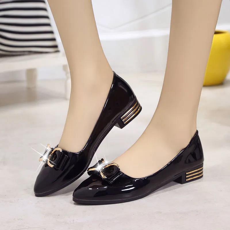 Women's Spring Summer Large Size Low Heel Single Leather Shoes Solid Color Sequins Bow Casual Slip-on Shoes