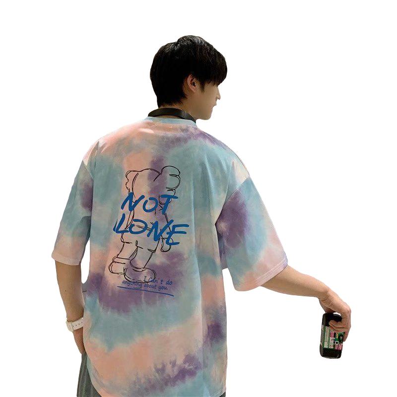 Short-sleeved Men's Summer Street Fashion Brand Tie-dye Printing Round Neck T-shirt Personality Loose Hip-hop Plus Size Five-point Sleeves