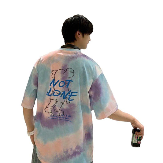 Short-sleeved Men's Summer Street Fashion Brand Tie-dye Printing Round Neck T-shirt Personality Loose Hip-hop Plus Size Five-point Sleeves