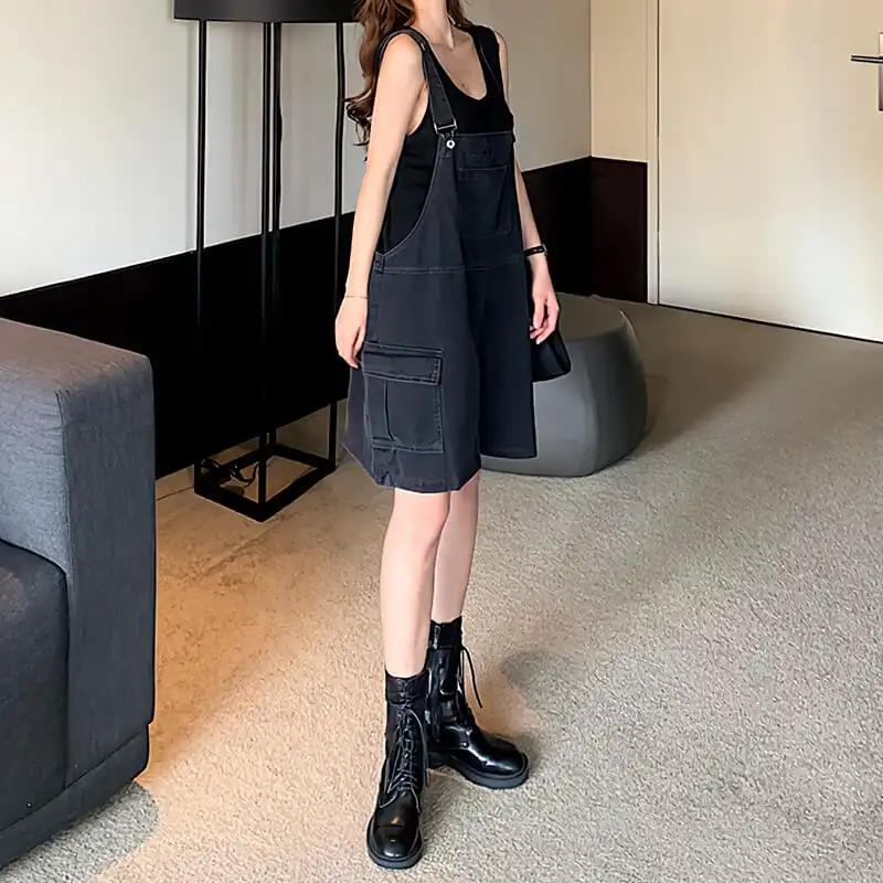 Pure Black Overalls Women's Summer Korean Version of Loose Retro Hong Kong Style Straight Wide-leg Denim Shorts Tide