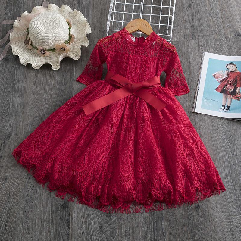 Kids Dresses for Girls Spring Clothes Half-sleeve Lace Party Costume Red Children Elegant Prom Frocks 3-8Y Girls Casual Wear