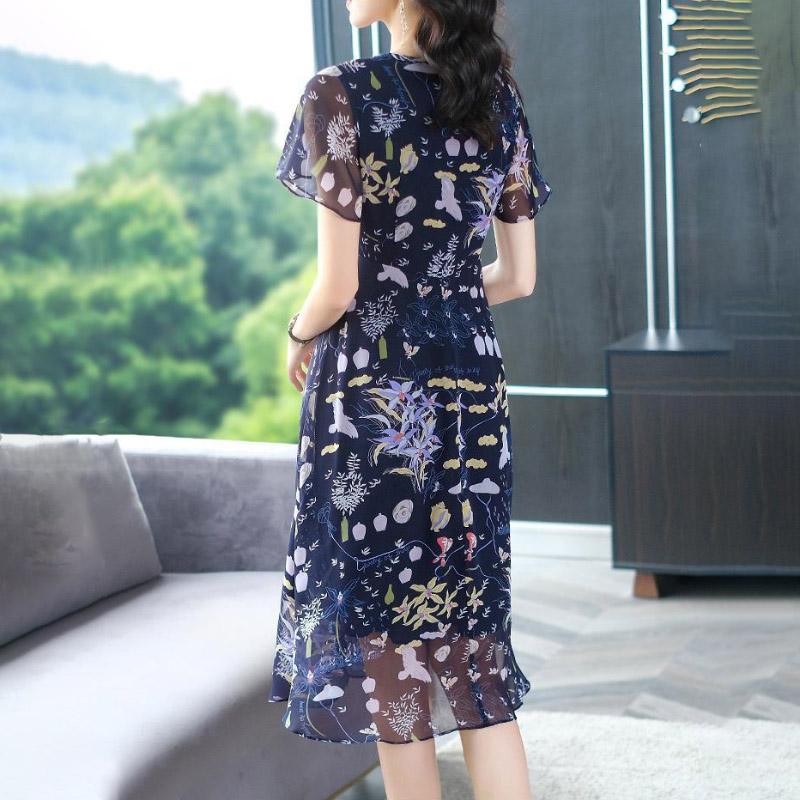 Women's Spring Summer French Retro Floral Dress Mid-length V-neck Short-sleeved Waist Casual All-match Dress