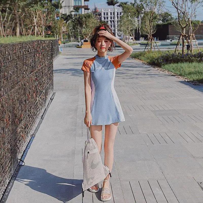 Swimsuit Women Cover Belly Slimming Split Swimsuit Round Neck Short-sleeved Shirt Swimsuit Sweet and Cute Ladies Swimsuit