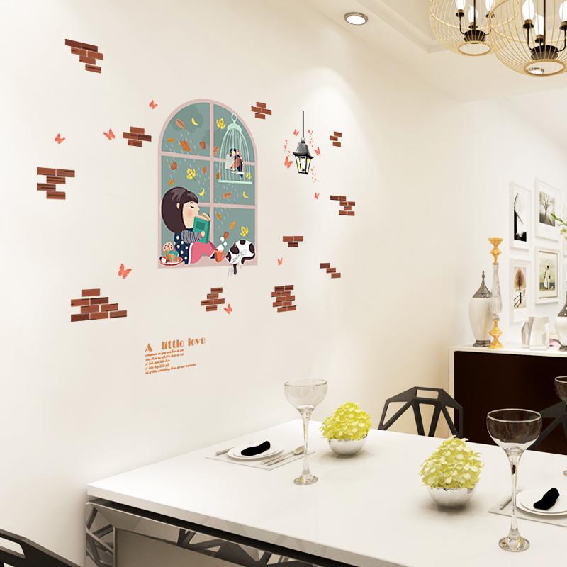 [Wall sticker] diy fake window cat girl wall stickers for children's room girls bedroom home art dec