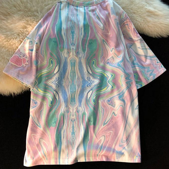 Women Summer T-shirt Water Ripple Print Short Sleeve T-shirt Streetwear Tie Dye Funny Loose Round Collar Casual T-shirt