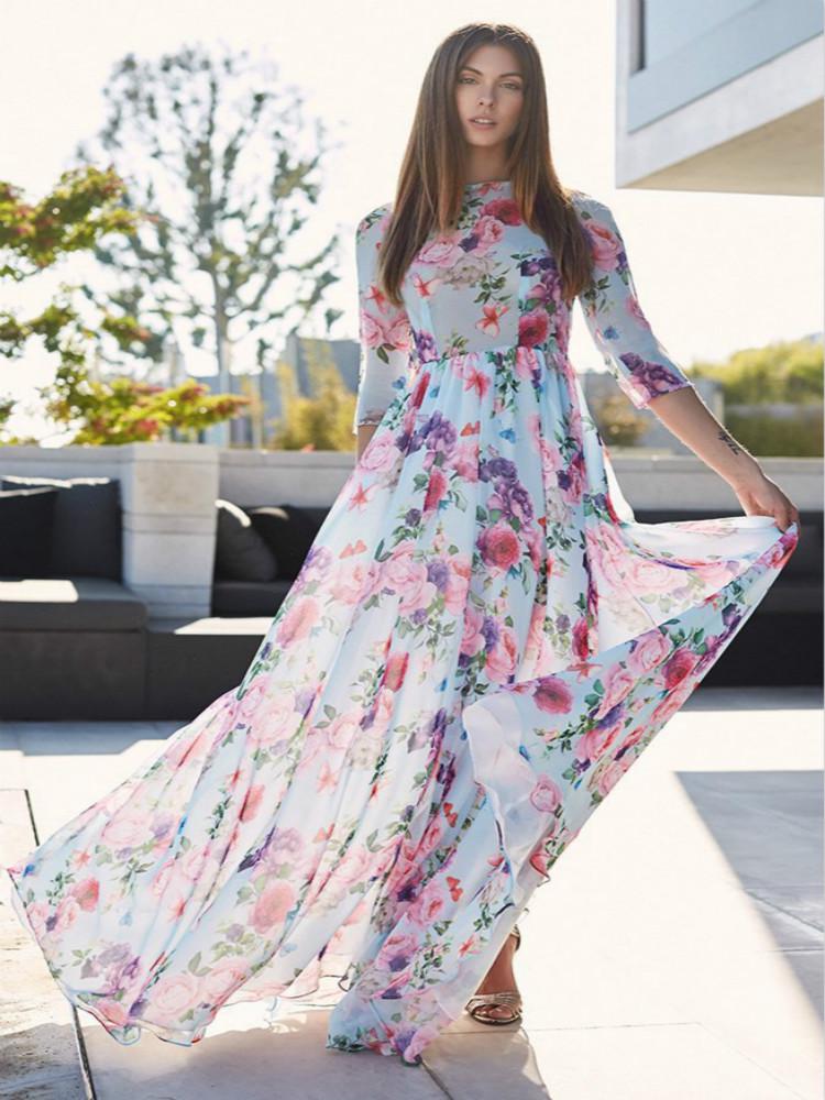 2019 Half Sleeve New Fashion Women Maxi Long Dress High Waist Summer Casual Loose Sundress