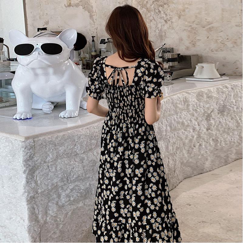 Plus Size Women's Belly Is Thinner Small Daisy Chiffon Dress Rectangular Neckline Exposed Clavicle Plus Size Women's Dress Is Thinner