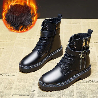 Woman Short Boots Autumn and Winter Warm Boot Thick-soled British Style Martin Boots Plush Boots Leather Velvet Boots