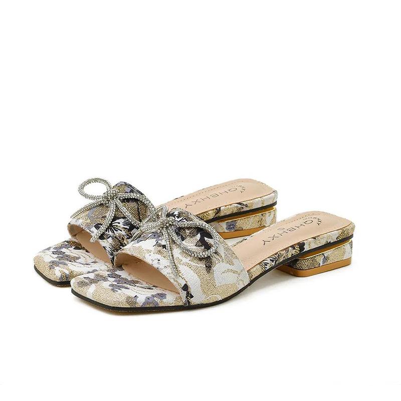 Slippers Women's Summer Wear Thick-heeled Sandals and Slippers All-match Bow-knot Square Toe Korean Style Non-slip