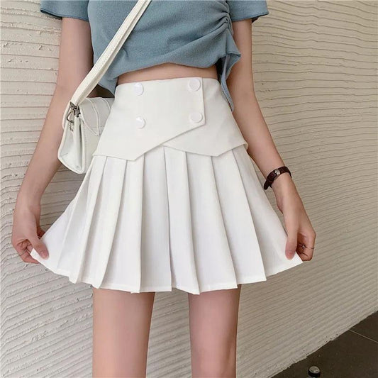 Women's Summer Pleated Skirts Button Design Irregular High Waist Slim A-line Skirts Safety Pants Lining Mini Skirts All Match Casual Tennis Skirt