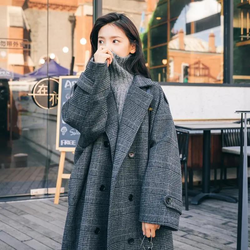 Plaid Woolen Coat Korean Style Loose V-neck Coat Autumn and Winter Mid-length Over-the-knee Women's Woolen Coat