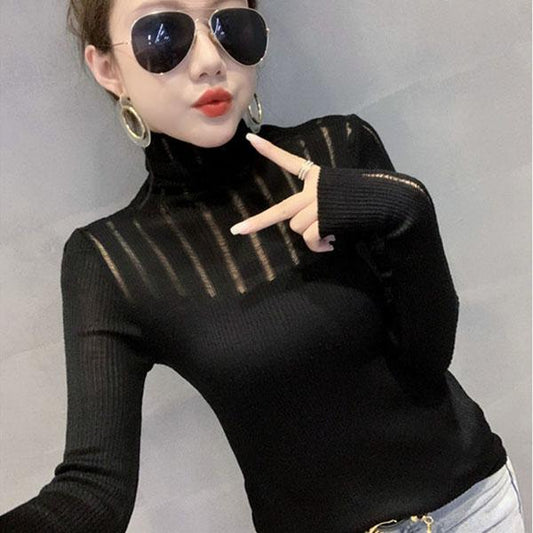Base Sweater Women's Self-cultivation Pullover Hollow Knit Sweater Women's Long-sleeved Pile Turtleneck Sweater Top