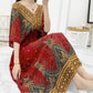 Cotton Silk Dress Mid Length Beach Dress Large Floral Bohemian Loose Casual Long Dress V-Neck