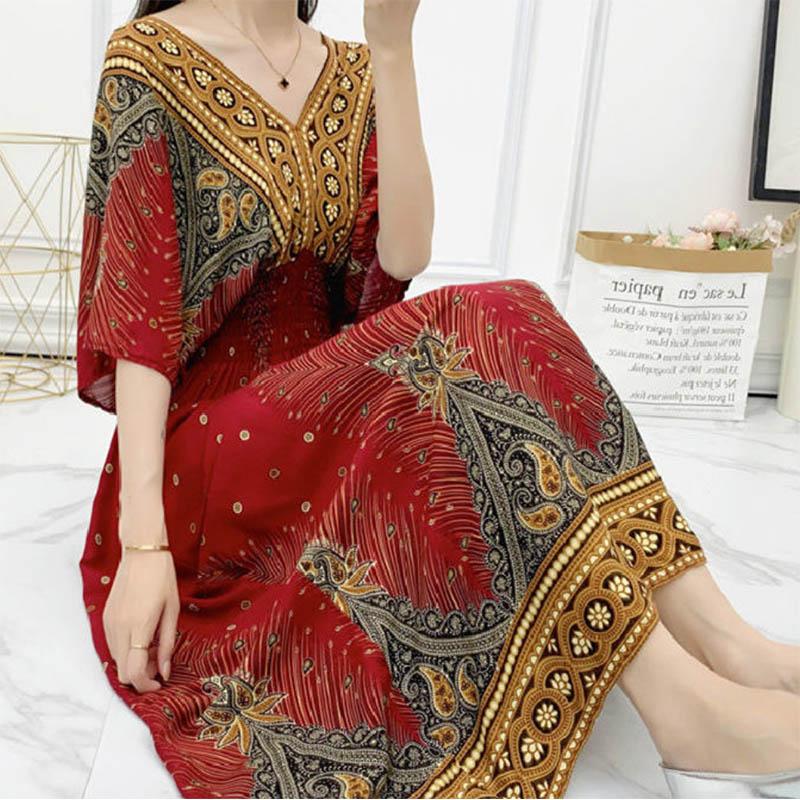 Cotton Silk Dress Mid Length Beach Dress Large Floral Bohemian Loose Casual Long Dress V-Neck