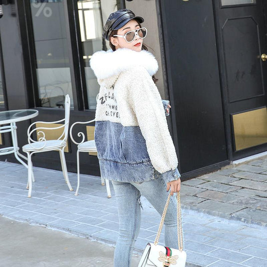 Autumn and Winter Cotton Coat Short Cowgirl Plus Velvet Thick Big Fur Collar Fur One Lamb Wool Coat