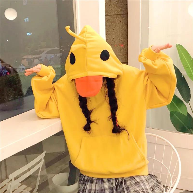 Fleece Thickening Funny Girl Little Yellow Duck Sweater Women's Hooded Pocket Jacket Solid Color Top