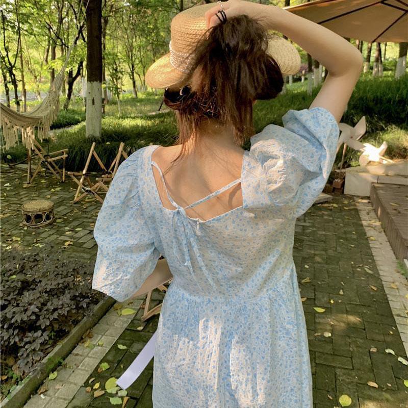 Women's Summer Floral Dress Square Neck Slim Puff Sleeve Skirt