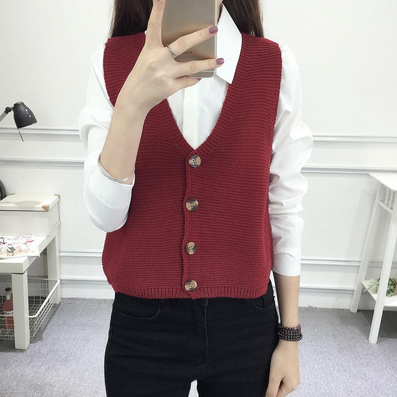 Spring and Autumn Knitted Loose Vest Sleeveless Cardigan Sleeveless Sweater V-neck Short Women's Top