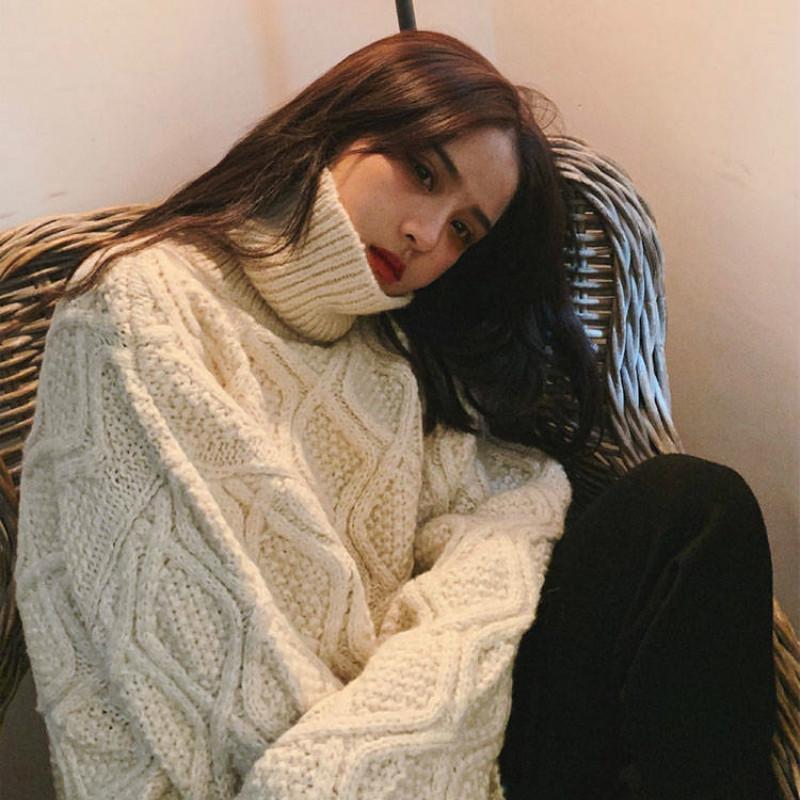 Pofulove Solid Color Thick Turtleneck Sweater Female Students Autumn Winter Lazy Wind Loose Twist Knitted Jacket Pullover