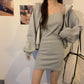 2PCS Women's Casual Solid Color Suit Spring and Summer Sling Dress + Cardigan Jacket Two-piece Ladies Sexy Hooded Sweater Skirt Set