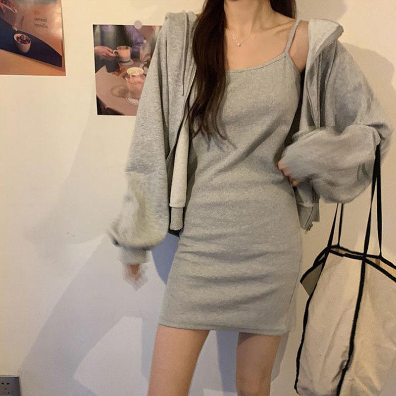 2PCS Women's Casual Solid Color Suit Spring and Summer Sling Dress + Cardigan Jacket Two-piece Ladies Sexy Hooded Sweater Skirt Set